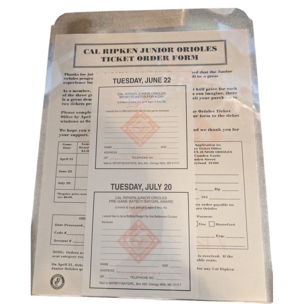 Baltimore Orioles Ticket Order Form Cal Ripken Junior Orioles Vintage Ephemera